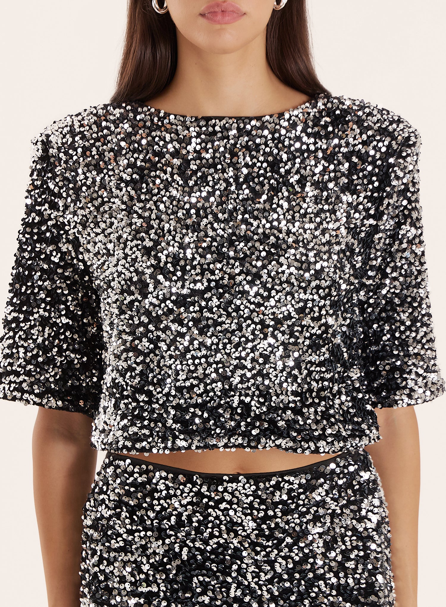 Black Sequin Boxy Crop T-shirt